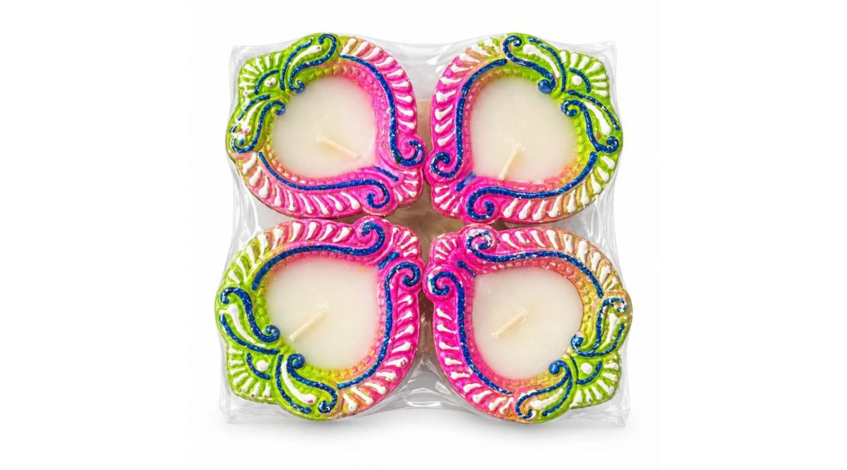 Hand-Painted Peacock Clay Wax Diyas – Pack of 4