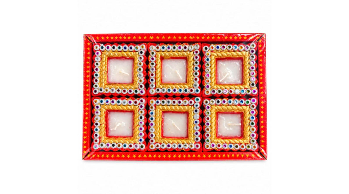 Jeweled Square Wax Diya Set – 6 pcs Gift Box