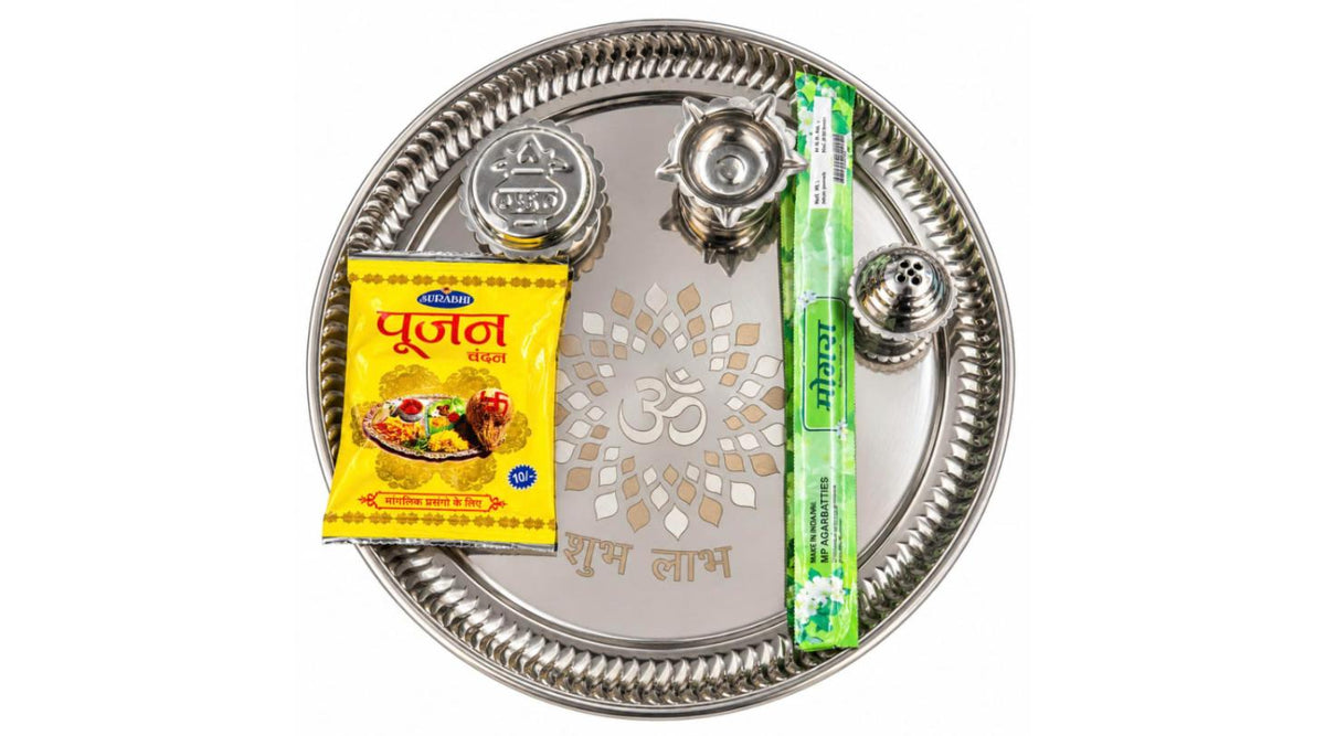 Pooja Thali Set – Steel Thali with Diya, Kalash, Incense Stand, Chandan & Agarbatti